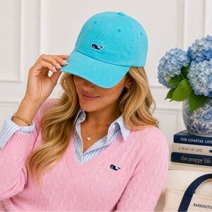 Vineyard Vines Turquoise Whale Logo Leather Strap Baseball Hat Canvas Preppy